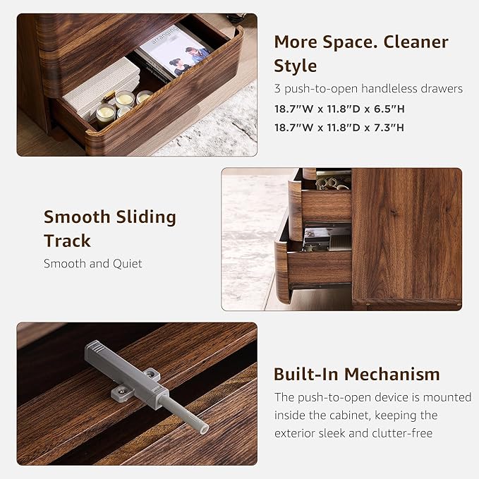 ACCOHOHO 22" Modern Nightstand Set of 2 with Charging Station, Push-to-Open Handleless 3-Drawer Bedside Table, Large End Table with Storage, Night Stand for Bedroom, Living Room, Curved Profile, Brown