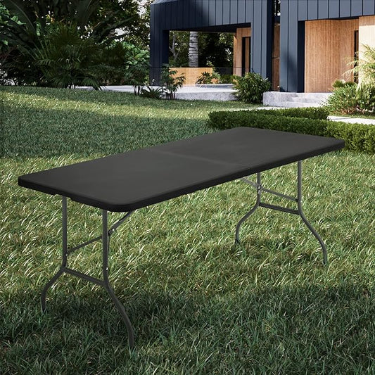 MoNiBloom 6Ft Folding Table, Heavy Duty Portable Plastic Dining Tables Fold in Half Indoor Outdoor Desk w/Handle, Lock for Camping Picnic Party, Black