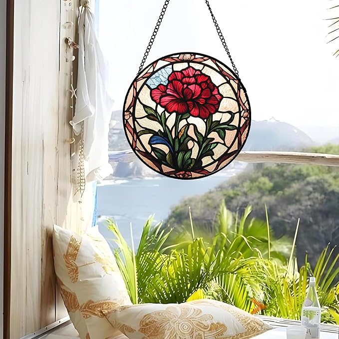 Stained Glass Window Hanging - Red Carnation Birth Flower Sun Catcher for Door Garden Home Decor Suncatcher Christmas Mother's Day Birthday Gifts for Women Men Mom Nana Friend Wife 15 in