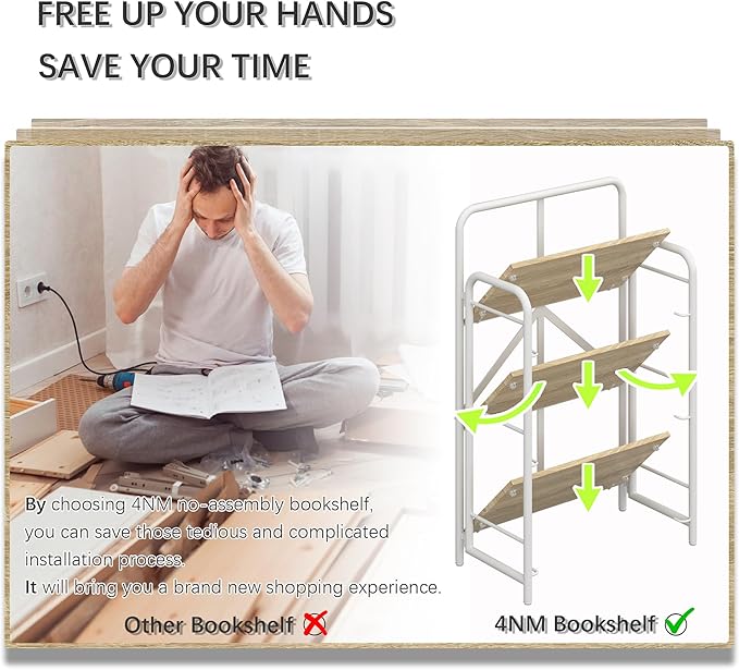 4NM No Assembly Folding Bookshelf, 3 Tiers Collapsible Book Shelves Open Industrial Foldable Storage Bookcase Shelf for Bedroom, Living Room, Home Office - Natural and White