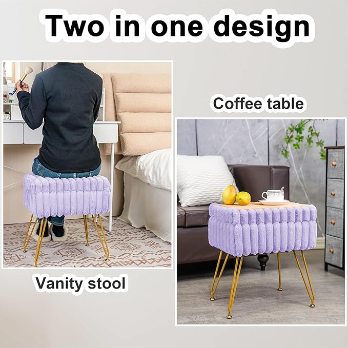Faux Fur Vanity Stool Chair with Storage Ottoman, Vanity Chair for Makeup Room, Vanity Stools for Bedroom, Footrest with Metal Legs and as a Coffee Table, Purple