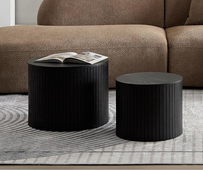 kevinplus Black Coffee Table Nesting Tables Set of 2 for Living Room, Modern Circle Drum Small Coffee Table with Storage Contemporary Side Table End Table with Moveable Lid, Black