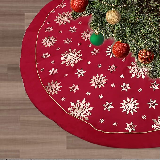 Flash World 48 Inch Large Christmas Tree Skirt Xmas Soft Cover Mat Decor Snowflake Collar Farmhouse Tree Skirt for Holiday Ornaments Party Home Indoor Decorations (Red—Three Cotton Layer, 48INCH)