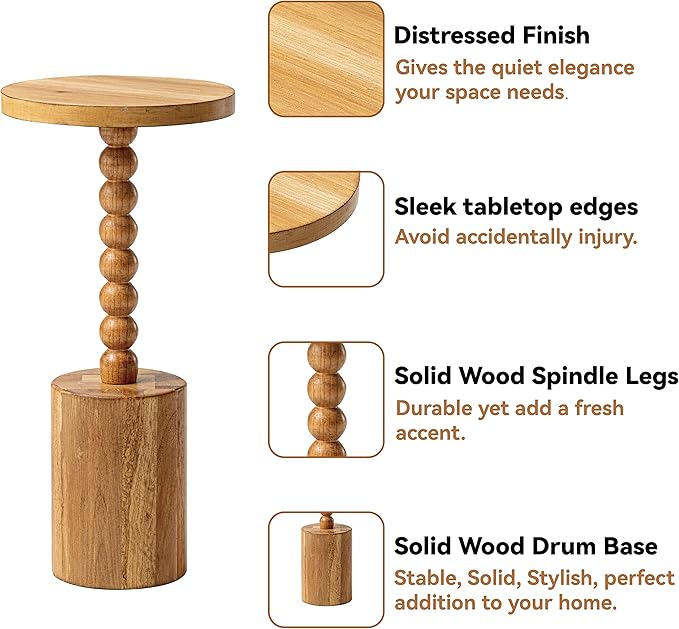 LONYKE Rustic Wood Drink Table, Round Martini Table Farmhouse Pedestal End Table with Base for Small Space Living Room, Bedroom, Natural Wood
