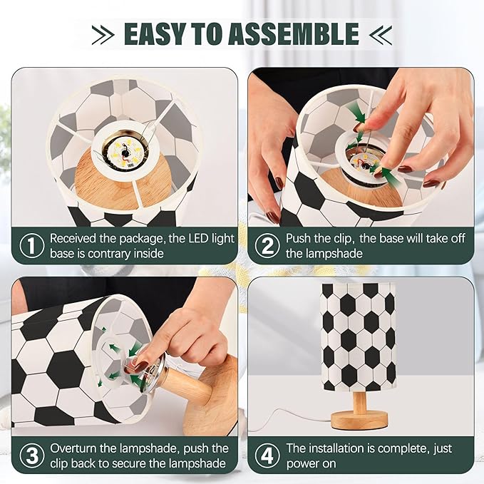 Table Lamp Black and White Hexagon Soccer Ball Pattern Sport Design Nightstand Lamp with Wood Base Fabric Lamp Shade Bedside Desk Lamp for Living Room Bedroom Kids Room Office