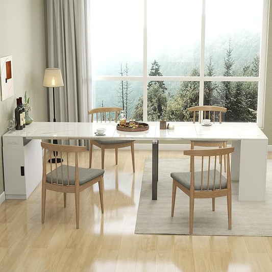 24"-118" Extendable Dining Table with Storage for 2-12 People, Modern Space-Saving Extra Long Wood Folding Table with USB & AC Outlets, Multifunctional Conference Meeting Desk, White Marble