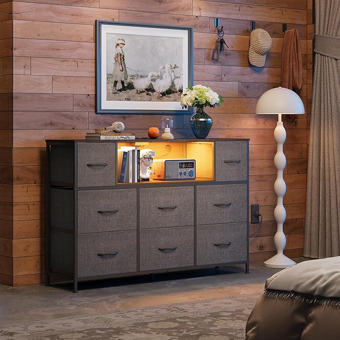 WLIVE Grey Dresser TV Stand for 45, 50, 55 inch TV, Entertainment Center with LED Lights & Charging Station, Chest of Drawers with 8 Fabric Drawers and Open Storage Shelves for Living Room, Hallway