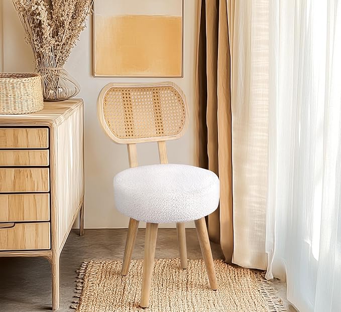 Rattan Dining Chair, Kitchen Dining Room Chairs, Mid Century Modern Boucle Chair, Stylish Upholstered Wood Accent Chair, Cute Sherpa Chair, Living Room Bar Stool Chair, Boho Makeup Vanity Chair, 1 Pc