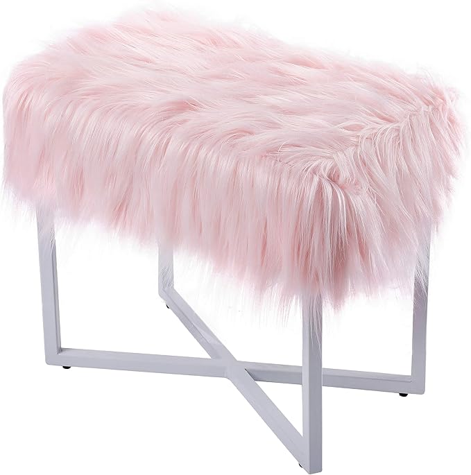 BIRDROCK HOME Rectangular Faux Fur Vanity Stool Ottoman w/White Metal Legs - Small Fluffy Makeup Seat - Cute Foot Rest for Bedroom, Desk, or Dressing Table - Compact Chair for Girls Dorm Room - Pink