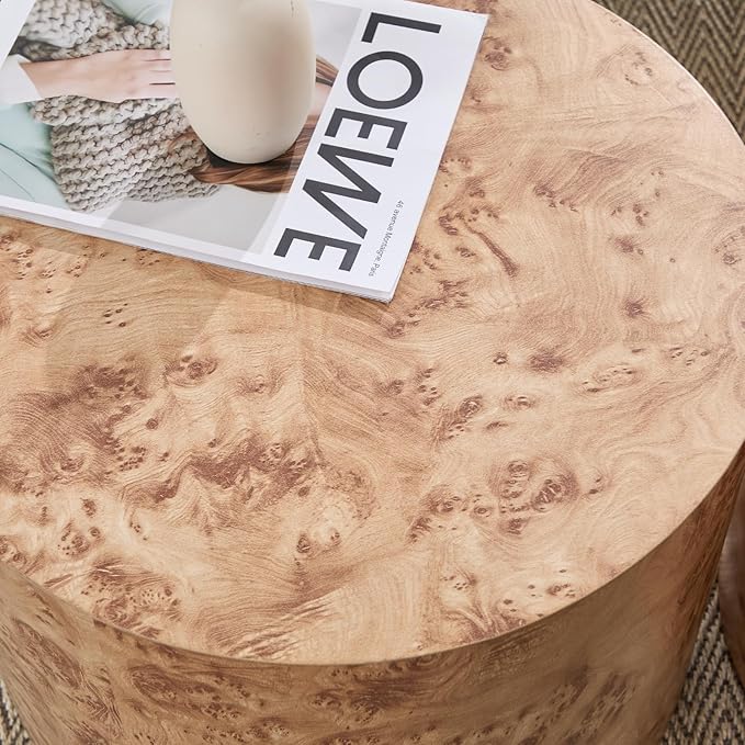 Round Coffee Tables Side Table Set of 2, Wood Nesting End Table for Living Room Balcony Office, Walnut Wooden Color, Natural Burl Color, No Assembling