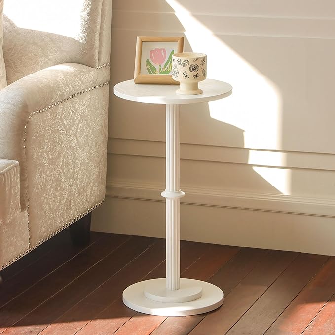 MaxSmeo Drink Table, Small Side Table for Small Spaces, Modern Round End Table with Fluted Wood Leg, White