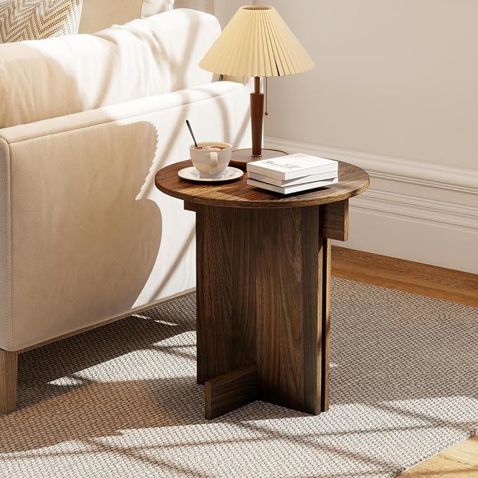 Wooden Round Side Table, Small Drink End Table, Cocktail Table, Modern Accent Night Stand with Wooden Base, Plants Stand for Living Room/Bedroom, Corners, Office, Small Space, Walnut