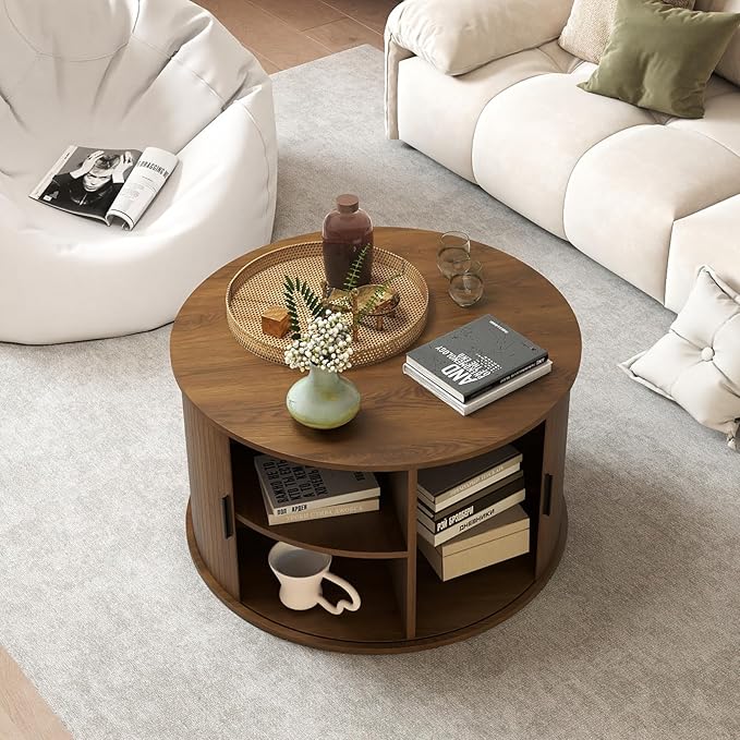 SoarFlash 31.5 Inch Fluted Coffee Table with Storage, Mid Century Modern Round Coffee Table with Shelf, Center Table with Sliding Door and Wood Fluted Handle for Living Room, Walnut