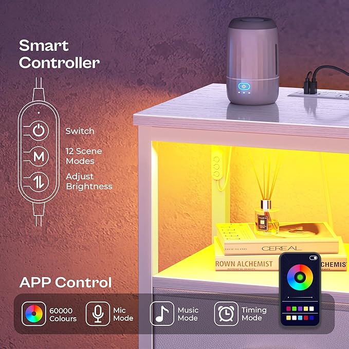 Night Stand with Charger Station and LED Lights, 2 Drawer Nightstand, Bed Side Table with Open Shelf, End Table, Fabric Dresser for Bedroom, PU Leather, White
