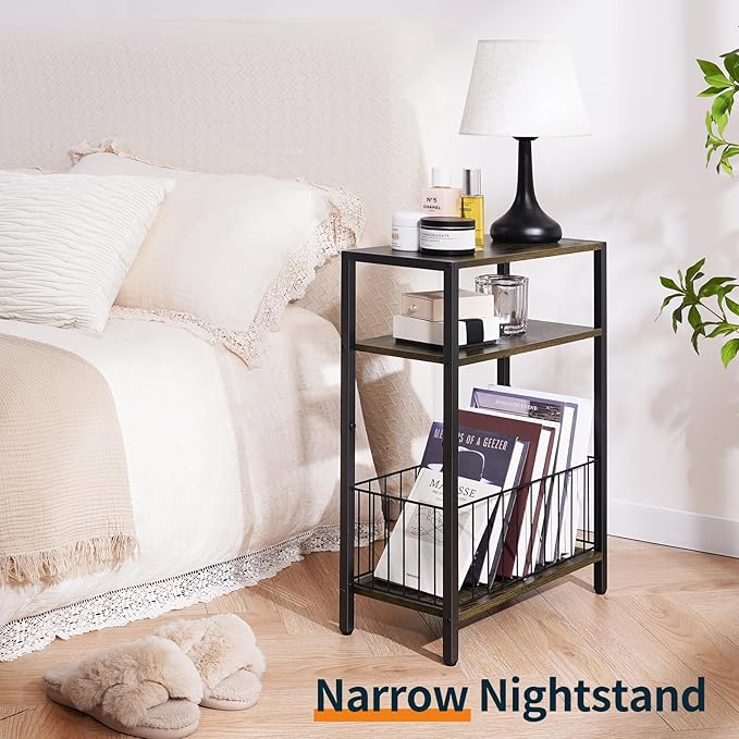 Yoobure Narrow Side Table with Storage Basket, Small End Table for Small Spaces Skinny Side Tables Living Room Bedroom, Slim Nightstand 3 Tier Bedside Table Space-Saving for Magazine, Rustic Brown