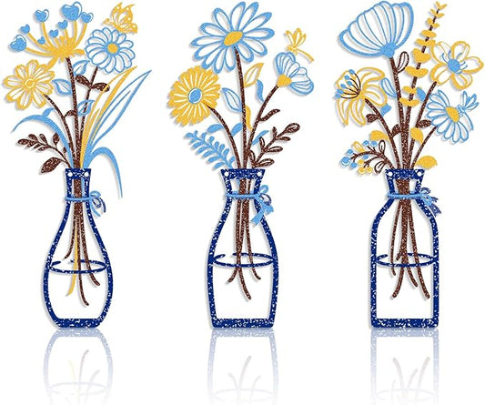 Iron Metal Vase Flower Wall Art Set of 3 - Minimalist Black Floral Decor for Living Room Bedroom Kitchen, Office Garden - Modern Farmhouse Home Decor & Housewarming Gifts (Blue-Yellow)