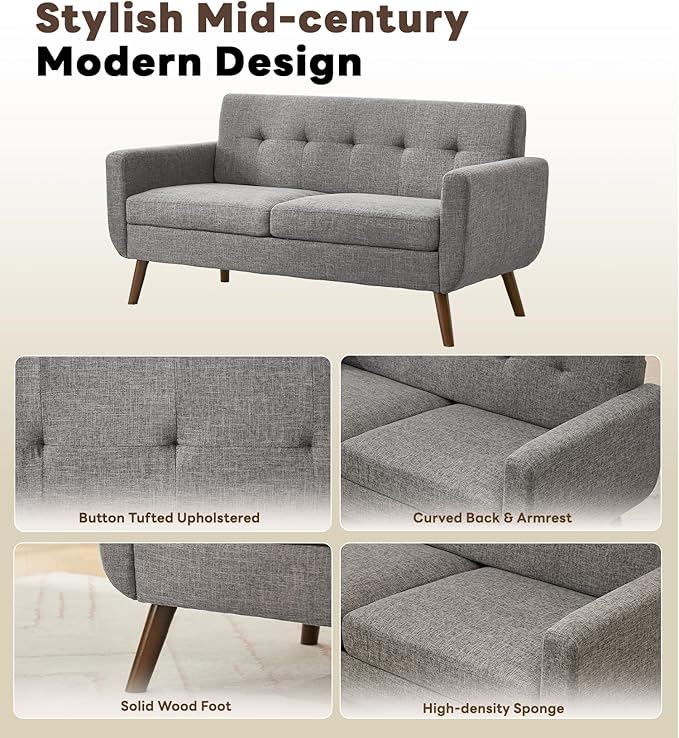Tbfit 65" W Loveseat Sofa with Ottoman Coffee Table, Mid Century Modern Love Seat Couches for Living Room, Button Tufted Upholstered Small Couch for Bedroom,Easy to Install Love Seats Furniture, Gray