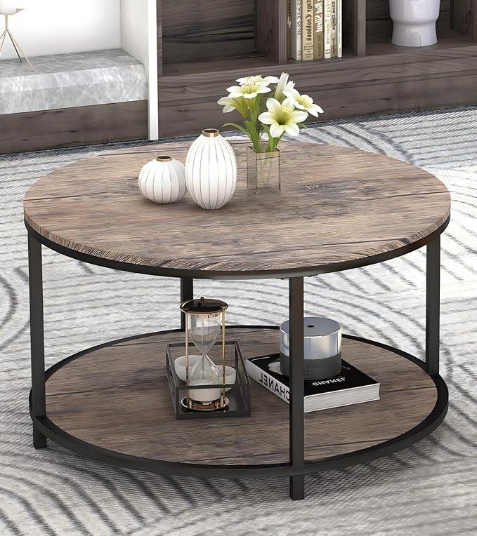 Round Coffee Table, Rustic Wooden Surface Top & Sturdy Metal Legs Industrial Sofa Table for Living Room Modern Design Home Furniture with Storage Open Shelf (Light Walnut, 28 in)