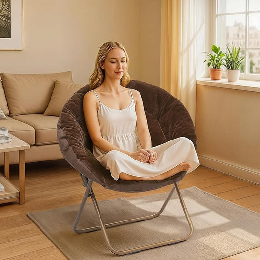 Athena Collection Comfy Saucer Chair Folding Cozy Chair for Bed Room Living Room Accent Chair Faux Fur Reading Chair Foldable Metal Frame Lazy Chair Moon Chair for Adult Set of 2, Brown