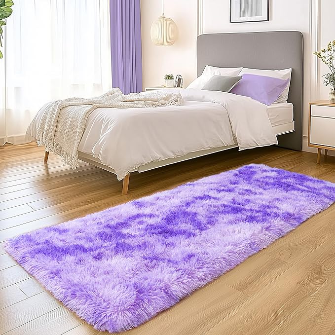 Fluffy Runner Rugs for Bedroom Hallways, 2x6 Runners for Hallways Fluffy Throw Area Rug Non Slip for Bedside Dorm, Shag Rugs for Girls Boys Bedroom, Floor Carpet Runner for Kids Dorm, Tie-Dyed Purple