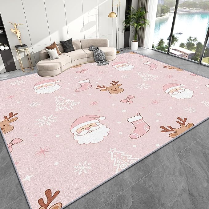 Pink Christmas Rug for Bedroom - 6x9 Rug, Santa Claus Living Room Rugs, Cartoon Xmas Bedroom Rugs, Reindeer Christmas Stocking Carpet, Xmas Tree Home Decor & Gifts
