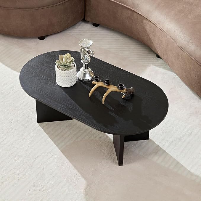 39.37'' Oval Coffee Table for Living Room, MDF Coffee Table Center Table for Bedroom, Modern Coffee Table End Table Side Table Accent Tea Table with Sturdy Pedestal for Apartment Office, Black