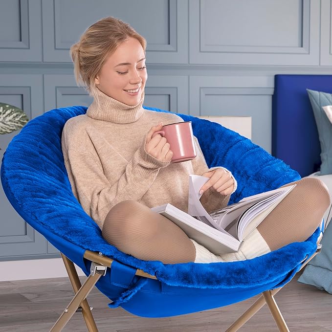 Milliard Saucer Chair for Adults, Teens & Kids, Royal Blue, Faux Fur XL Circle Chair for Bedroom, Dorm & Gaming, Foldable Comfy Accent Seat for Small Spaces, Folding Moon/Mushroom/Round Style
