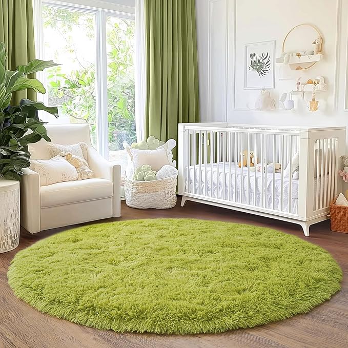 5'x5' Grass Green Round Rug for Bedroom, Ultra Soft Fluffy Circle Rug for Kids Girls Boys Room, Cute Shag Rugs for Living Room Playroom Tent Castle Home Decor Rug