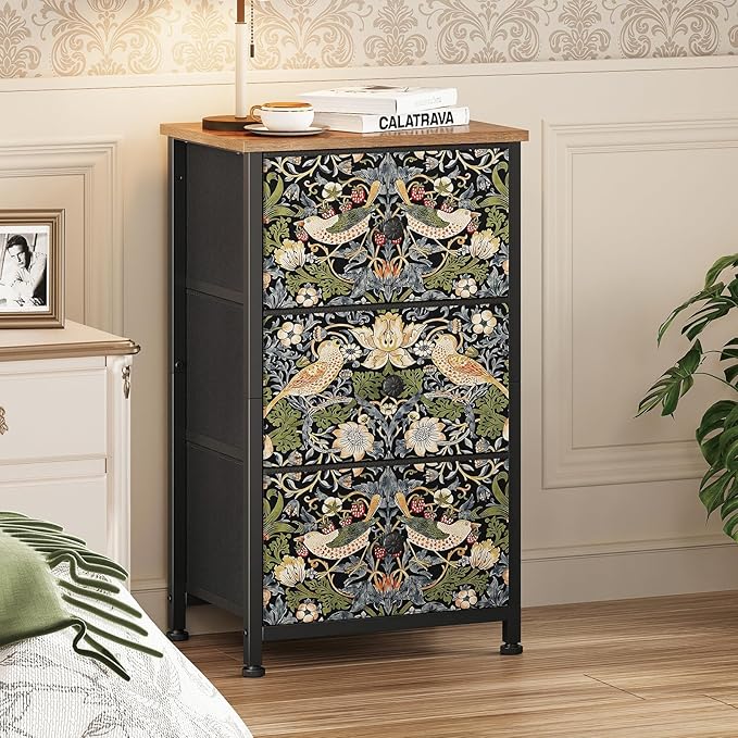 Dresser with 3 Drawers Strawberry Thief Drawer Dresser for Bedroom Vintage Nightstand Small Dressers & Chests of Drawer for Halfway Entryway Living Room Sturdy Steel Frame Wood Top, Brown