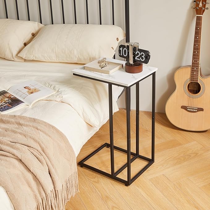 Side Table Small End Table C Shaped, Slide Under Laptop Desk for Couch, Living Room Side Table Set of 2, TV Trays for Eating on Couch, Faux Marble+Black YD-TM051B-2