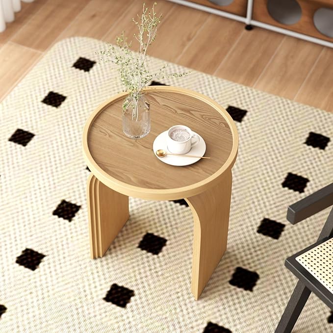 VESCASA 17.75" W Round Sofa Side Table, Modern Nightstand with Arched Wooden Legs, Small Accent End Table for Living Room, Bedroom, Natural Wood