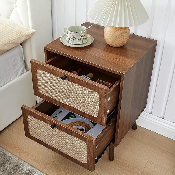 16" Wood Nightstand Set of 2, Farmhouse End Table with 2 Storage Drawer, Mid-Century Modern Bedside Table with Linen Decor, Minimalist Night Stand for Living Room, Bedroom & Small Space (Walnut)