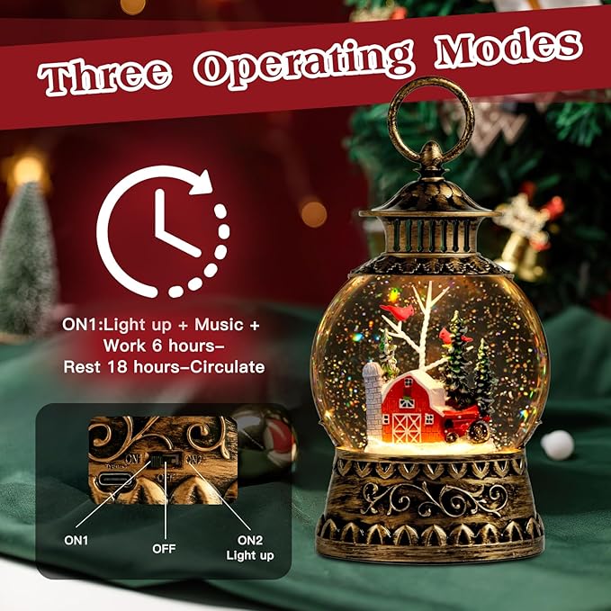Christmas Snow Globe, Red Barn Truck Musical Snow Globe Lantern Lights with 6H Timer Battery & USB Powered, Retro Style Holiday Glitter Globe for Xmas Home Decoration Holiday Party Gifts