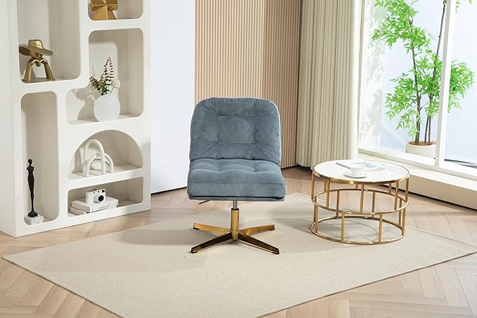 ZOBIDO Modern Accent Corduroy Chairs Comfy Upholstered Vanity Chairs for Bedroom Armchair Dining Chairs with Golden Metal Legs Desk Chair for Living Room(Blue