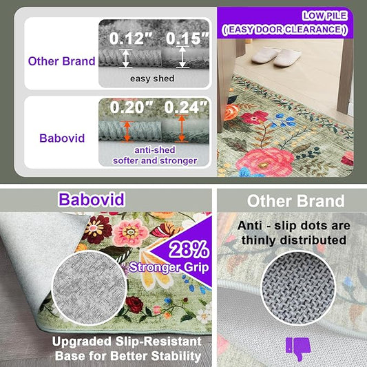 Floral Rug for Entryway, Green 2X3 Washable Kitchen Mat Ultra-Thin Soft, Non-Slip Indoor Door Carpet Stain Resistant Boho Small Low-Pile Throw for Bathroom Bedroom (Green Garden, 2 x 3)
