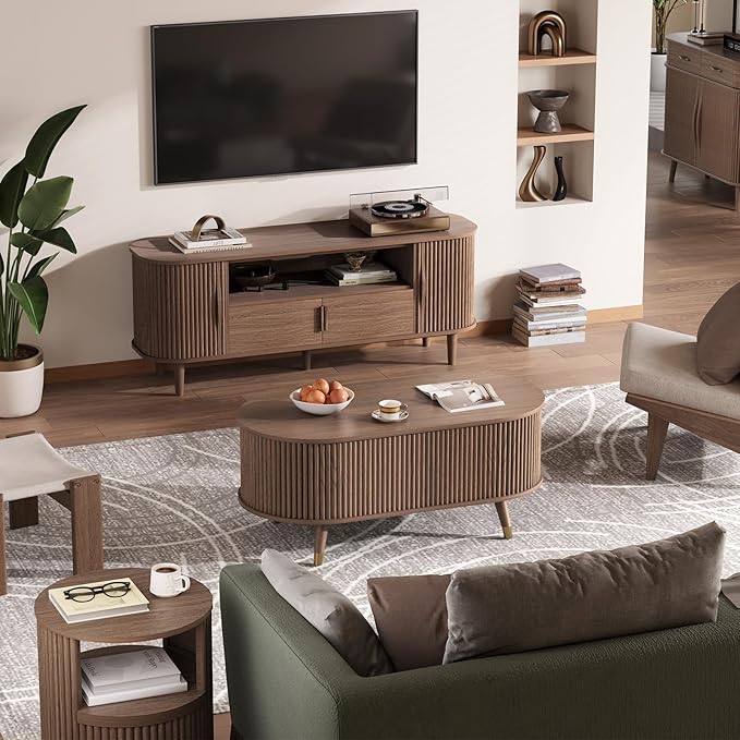 Oval Coffee Table with Storage,42.5” Fluted Coffee Table with Lifting Top & Solid Wood Legs,Modern Lift Up Center Table for Living Room,Home Office,Walnut