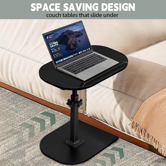 Aoligrace Black Sofa Side Table, Adjustable Height C Table with 360° Swivel Flip Top, Small End Table for Living Room Apartments Dorms