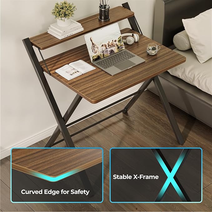 GreenForest No Assembly Folding Desk, 2-Tier Compact Computer Desk with Shelf, 30 inch Space Saving Foldable Table for Home Office, Dorm or Apartment, Portable Collapsible Sturdy Laptop Desk, Espresso