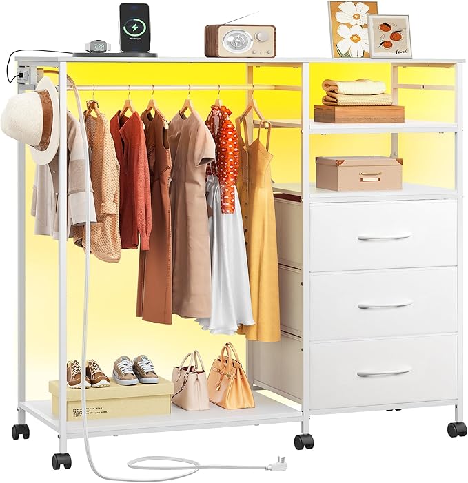 WLIVE White Dresser with Hanging Rack for Bedroom, 3 Drawer Dresser with LED Lights & Charging Station, Fabric Dressers & Chest of Drawers, Storage Organizer with Open Shelves for Living Room