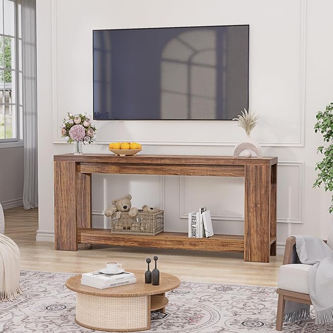 Farmhouse Console Table with Storage Shelf, 70.9” Extra Long Sofa Table Behind Couch, Rustic Entryway Table for Hallway, Living Room, or Foyer, Wooden Texture MDF Board, Rustic Brown