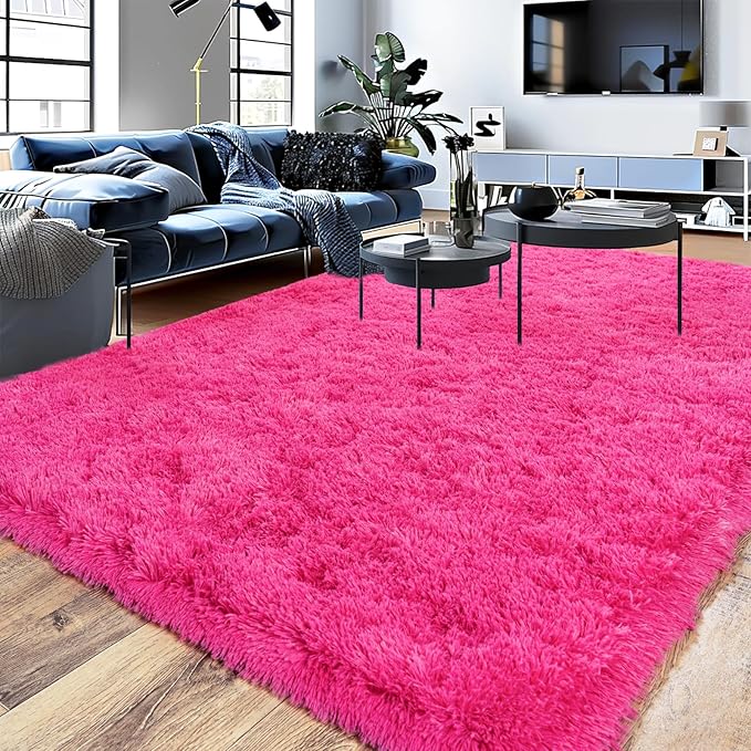 Fluffy Rug for Living Room,Furry Carpet for Teen,Shaggy Carpet for Nursery Room, Hot Pink Fuzzy Plush Rug for Dorm, Rectangle Shag Rug 9x12 Feet