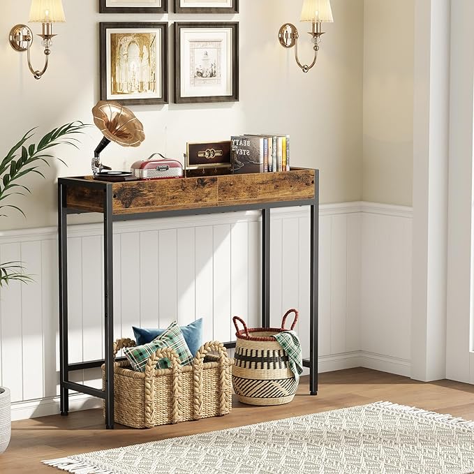 Narrow Console Table, 31.5" Entryway Table with Groove, Small Sofa Table for Hallway, Bedroom, Living Room, Foyer, Corridor, Office, Balcony, Rustic Brown