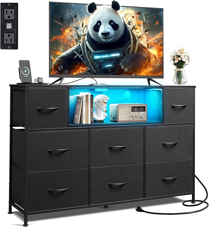 WLIVE Black Dresser TV Stand for 45, 50, 55 inch TV, Entertainment Center with LED Lights & Charging Station, Chest of Drawers with 8 Fabric Drawers and Open Shelves for Living Room, Hallway, Wood Top