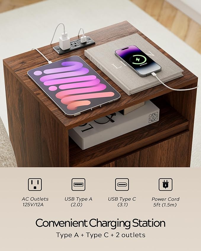 Farmhouse End Table Charging Station Set of 2, Wood Storage Nightstand with Door & Open Shelf, Bedside End Tables for Bedroom, Sofa, Brown
