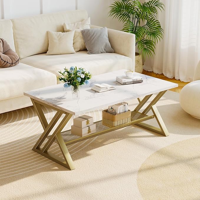 Coffee Table Living Room Table with Storage Shelf, White Table Simple Modern Faux Marble Rectangular Tables with Sturdy Gold Metal Frame,Industrial Wooden Coffee Table for Bedroom Home Office