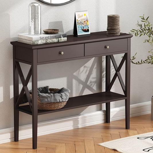 ChooChoo Console Table with Drawers, Narrow Wood Accent Sofa Table Entryway Table with Storage Shelf for Entryway, Front Hall, Hallway, Living Room, Espresso