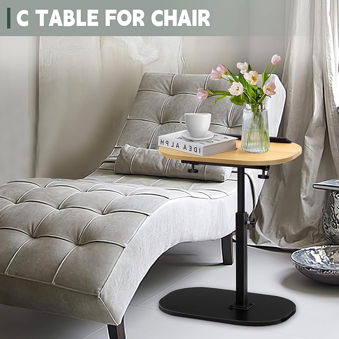 Aoligrace Adjustable Height C Shaped End Table, Small Side Table for Small Spaces Living Room Couch Sofa, 360° Swivel & Flip Top TV Tray Table(Wood)