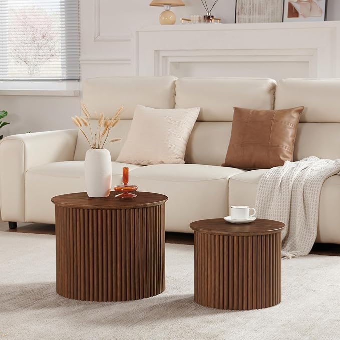 Small Fluted Round Nesting Coffee Table Set of 2, Mid Century Modern Coffee Table Circle Side Table, Wood Nesting Table Farmhouse End Tables Set for Living Room, Bedroom, Small Spaces(Walnut