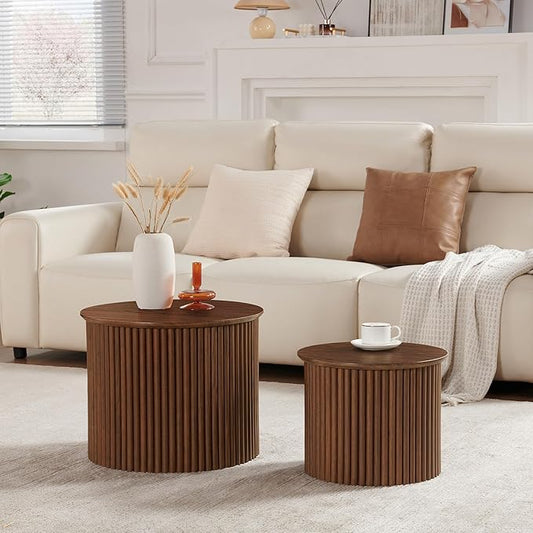 AVZEAR Round Nesting Coffee Table Set of 2, Small Fluted Coffee Table Circle Side Table, Mid Century Modern Wood Nesting Tables Farmhouse End Table Set for Living Room, Bedroom, Small Spaces(Walnut)