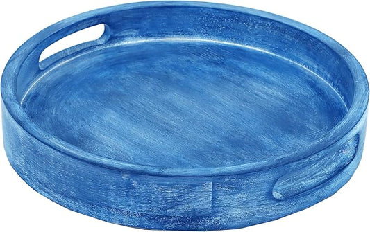 12" Decorative Wooden Serving Tray - Perfect for Breakfast, Lunch, Dinner, Appetizers, Patio, Ottoman, Coffee Table - Durable Living Room and Couch Tray (Blue) - CLEENTABLE
